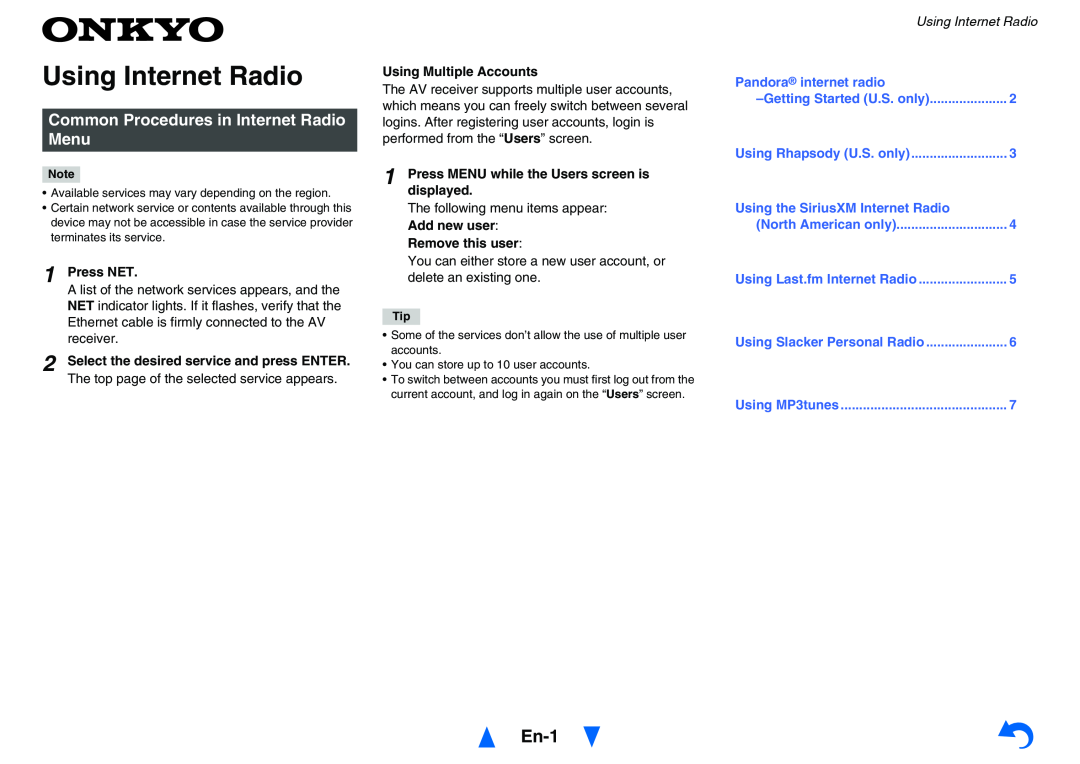 Onkyo TXNR727 instruction manual Using Internet Radio, En-1, Common Procedures in Internet Radio Menu 