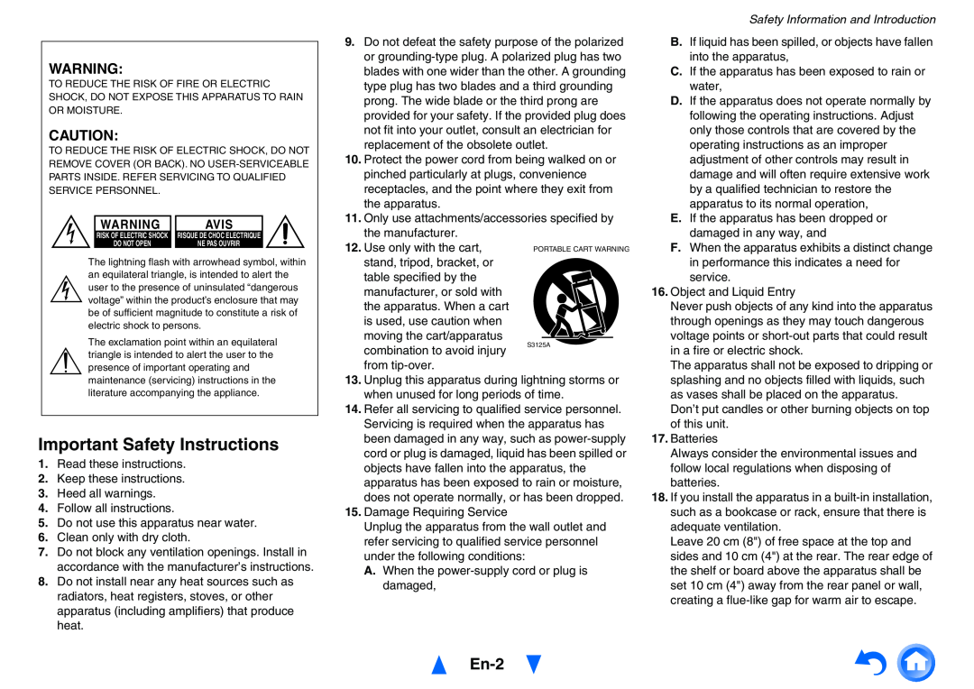 Onkyo TXNR727 instruction manual En-2, Important Safety Instructions, Safety Information and Introduction 