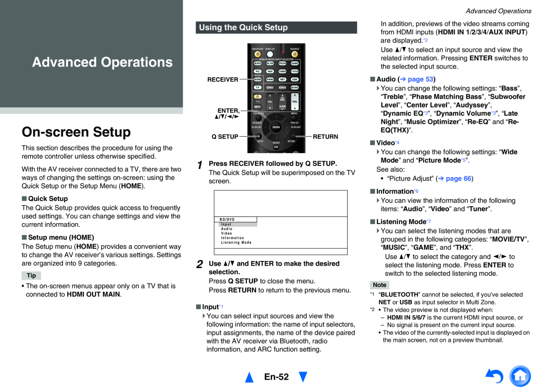 Onkyo TXNR727 instruction manual Advanced Operations, On-screenSetup, En-52, Using the Quick Setup 