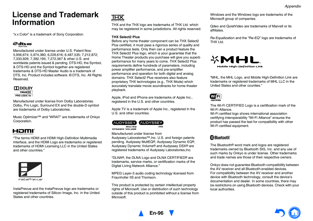 Onkyo TXNR727 instruction manual License and Trademark Information, En-96, Appendix, THX Select2 Plus 