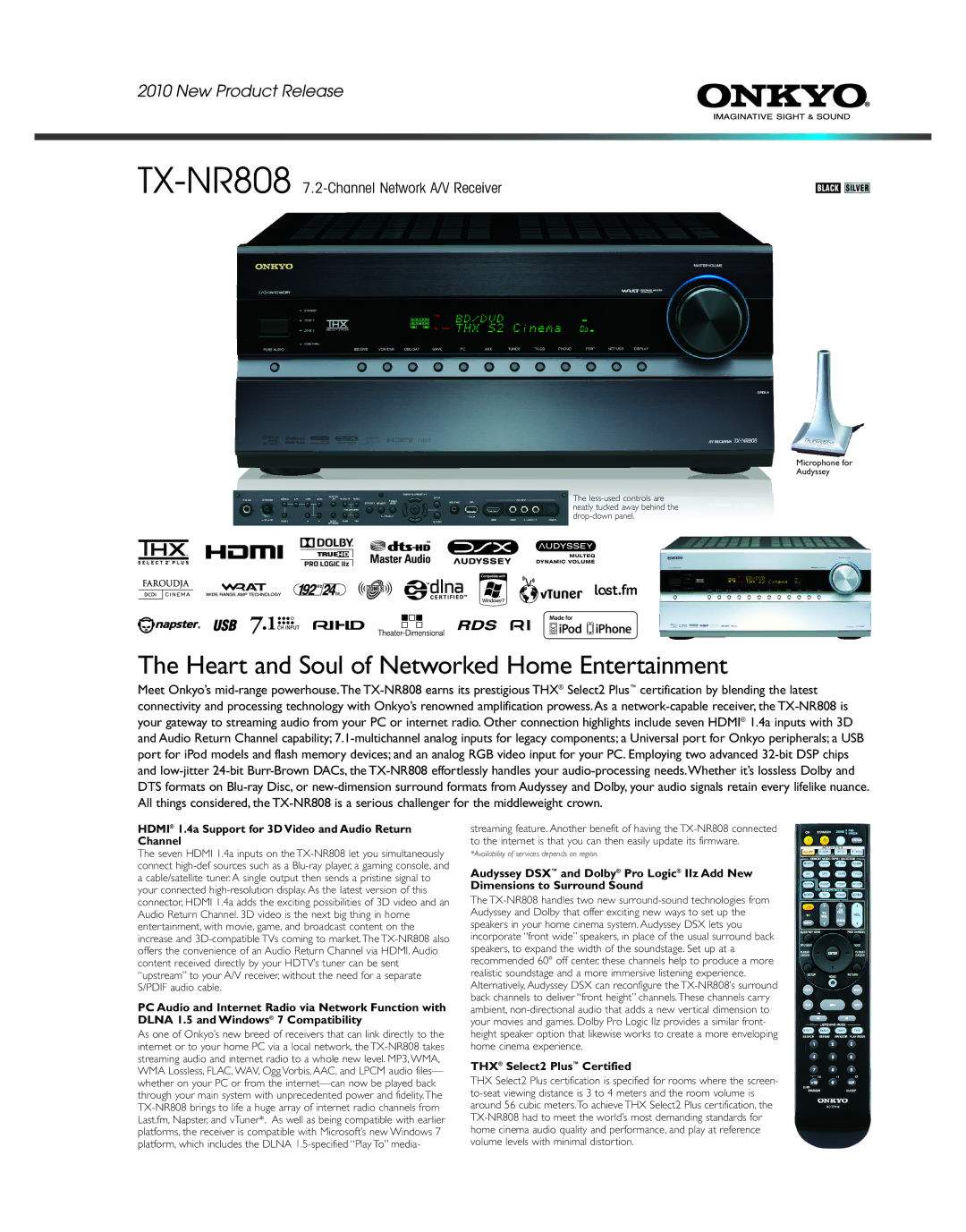 Onkyo TXNR808 dimensions Hdmi 1.4a Support for 3D Video and Audio Return Channel, THX Select2 Plus Certified 