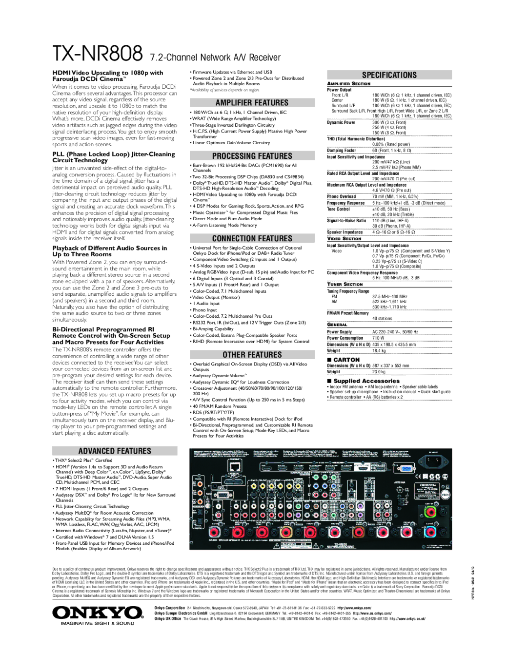 Onkyo TXNR808 dimensions Amplifier Features, Specifications, Processing Features, Connection Features, Other Features 