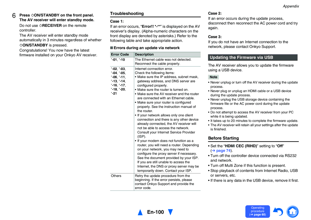 Onkyo TXNR828 En-100, Troubleshooting, Updating the Firmware via USB, Case, Errors during an update via network 