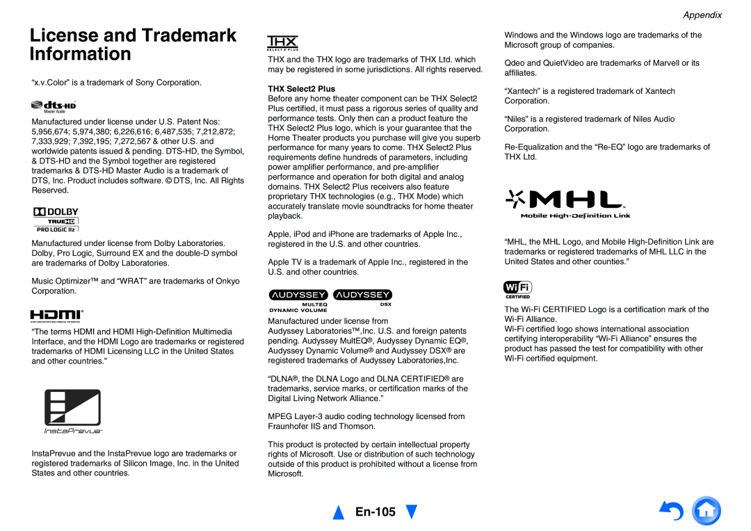 Onkyo TXNR828 instruction manual License and Trademark Information, En-105, THX Select2 Plus 