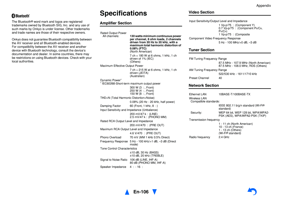 Onkyo TXNR828 instruction manual Specifications, En-106 