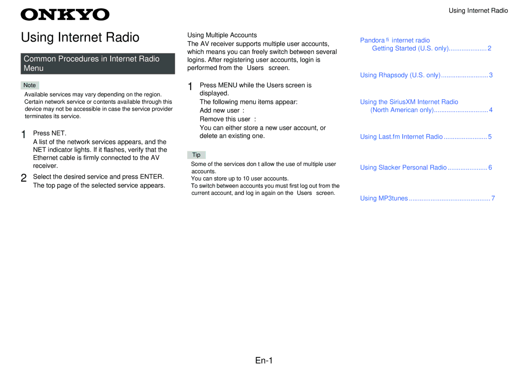 Onkyo TXNR828 instruction manual Using Internet Radio, En-1, Common Procedures in Internet Radio Menu 