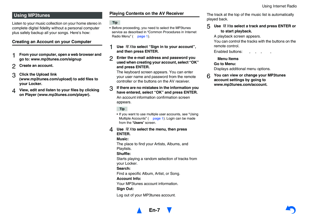 Onkyo TXNR828 instruction manual Using MP3tunes, Creating an Account on your Computer, Playing Contents on the AV Receiver 