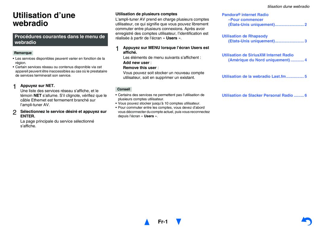 Onkyo TXNR828 instruction manual Utilisation d’une webradio, Fr-1, Procédures courantes dans le menu de webradio 