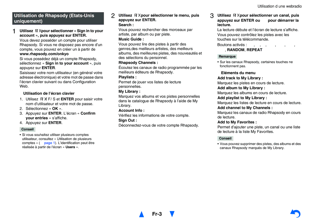 Onkyo TXNR828 instruction manual Fr-3, Utilisation de Rhapsody Etats-Unis 