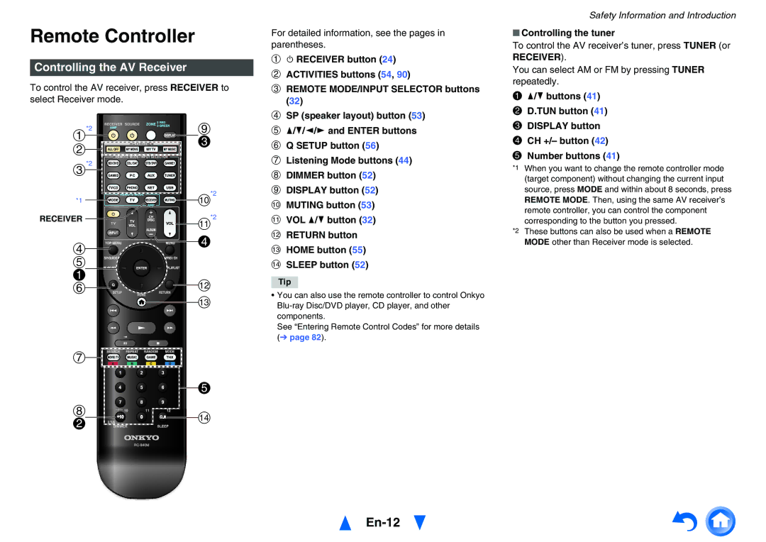 Onkyo TXNR828 instruction manual Remote Controller, En-12, Controlling the AV Receiver, Controlling the tuner, Tip 