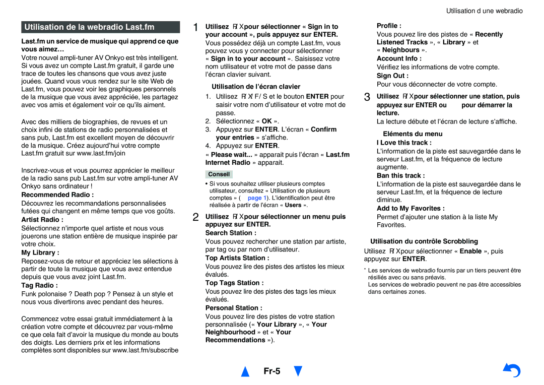 Onkyo TXNR828 instruction manual Fr-5, Utilisation de la webradio Last.fm 