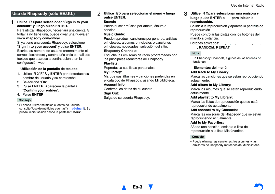 Onkyo TXNR828 instruction manual Es-3, Uso de Rhapsody sólo EE.UU 