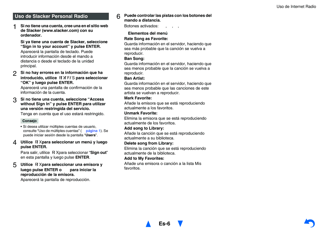 Onkyo TXNR828 instruction manual Es-6, Uso de Slacker Personal Radio 