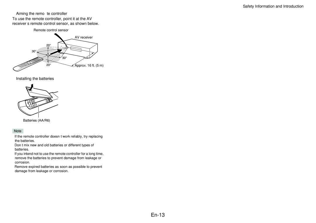 Onkyo TXNR828 instruction manual En-13, Aiming the remote controller, Installing the batteries 