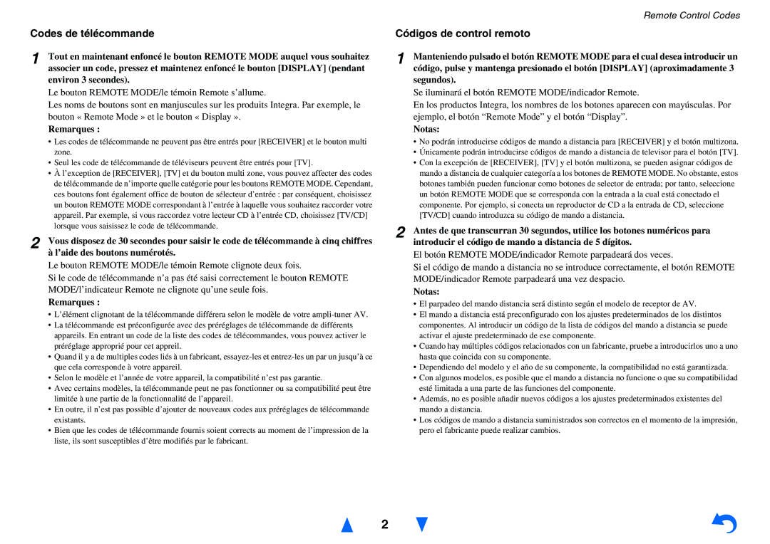 Onkyo TXNR828 instruction manual Codes de télécommande, Códigos de control remoto 