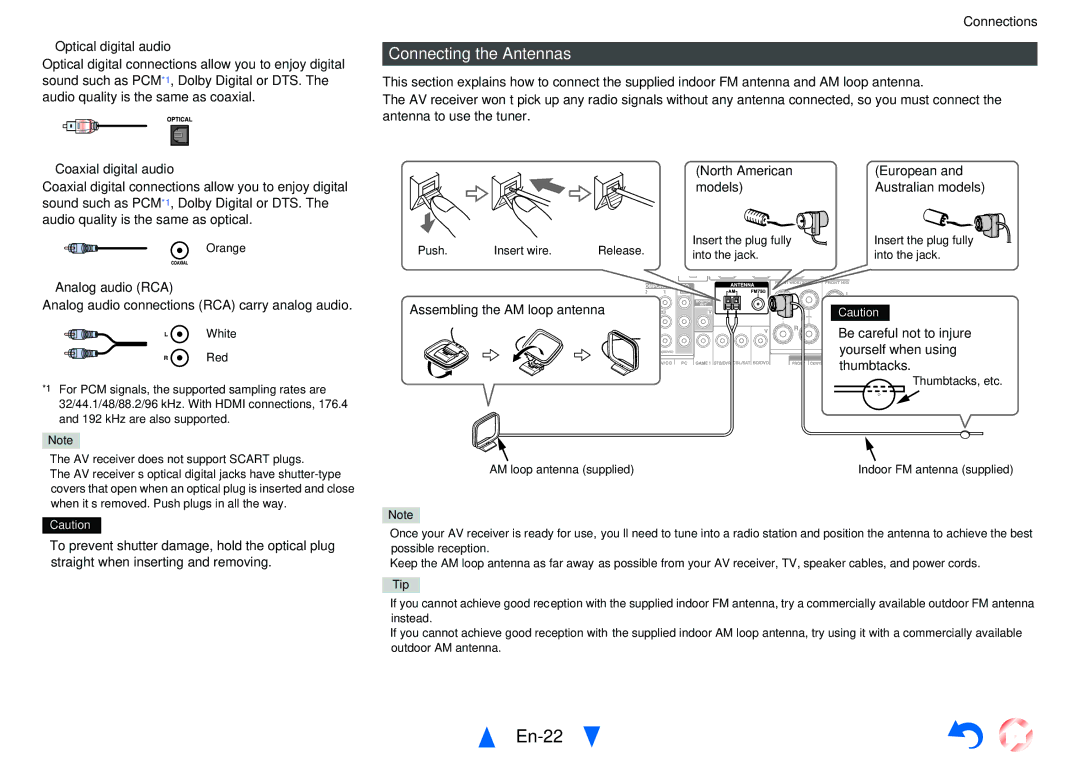 Onkyo TXNR828 instruction manual En-22, Connecting the Antennas 