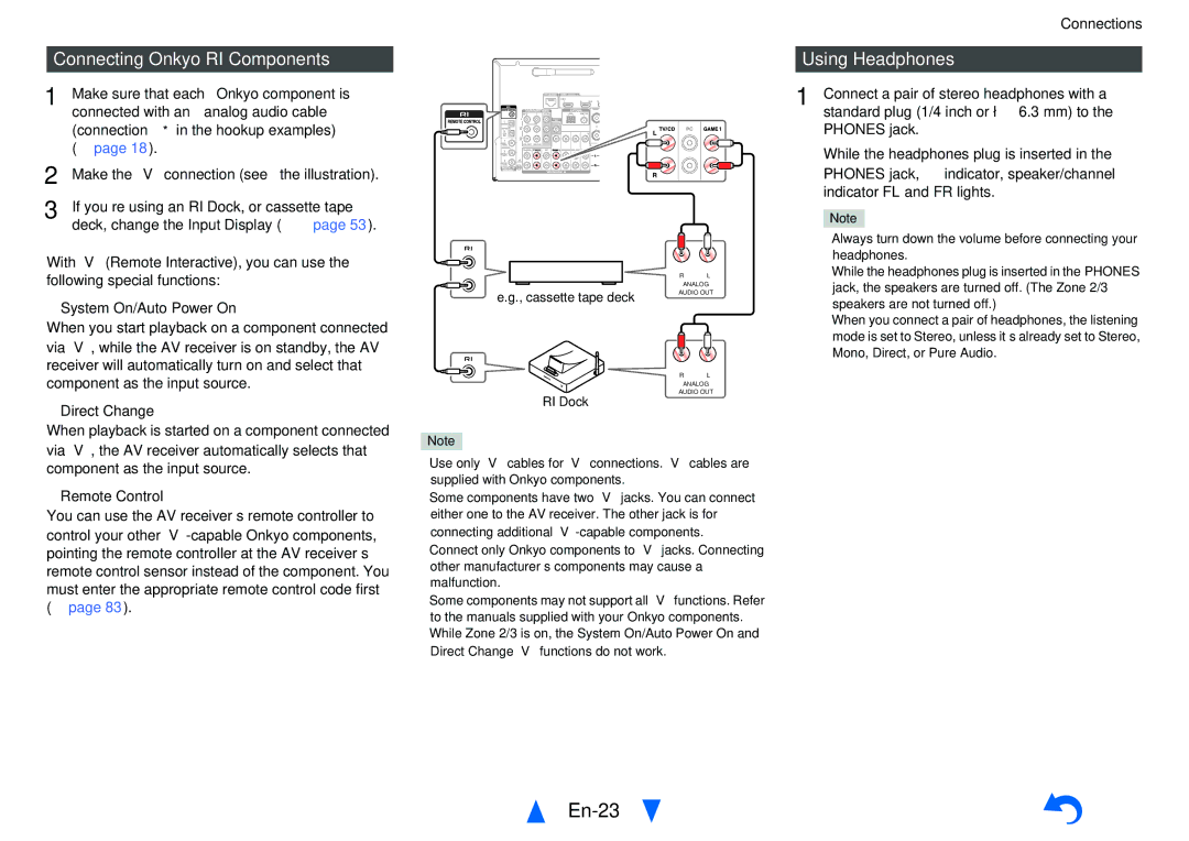 Onkyo TXNR828 instruction manual En-23, Connecting Onkyo RI Components, Using Headphones 