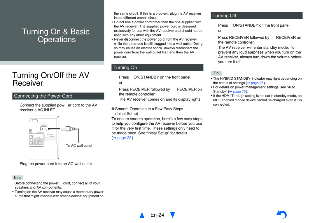 Onkyo TXNR828 instruction manual Turning On/Off the AV Receiver, En-24, Turning Off, Connecting the Power Cord 