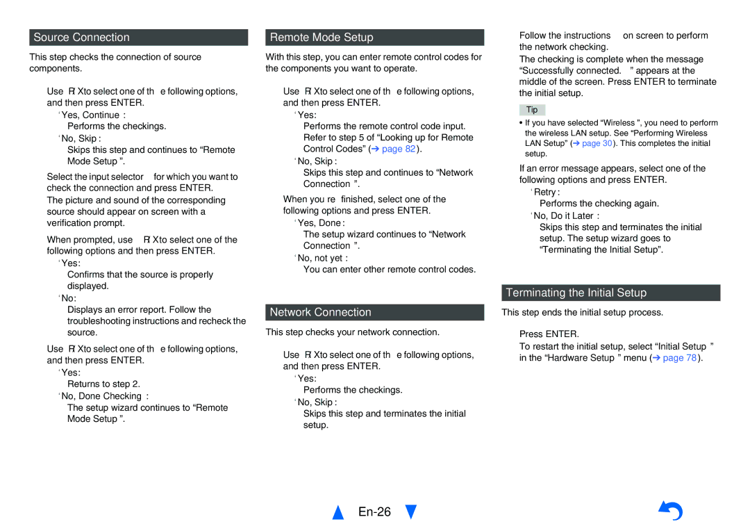 Onkyo TXNR828 En-26, Source Connection, Remote Mode Setup, Network Connection, Terminating the Initial Setup 