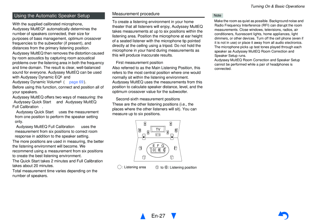 Onkyo TXNR828 En-27, Using the Automatic Speaker Setup, Measurement procedure, First measurement position 