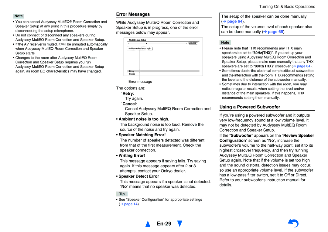 Onkyo TXNR828 instruction manual En-29, Error Messages, Using a Powered Subwoofer 