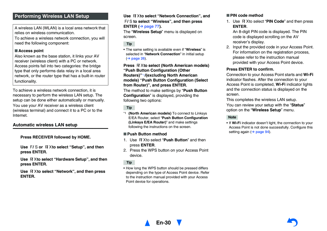 Onkyo TXNR828 instruction manual En-30, Performing Wireless LAN Setup, Automatic wireless LAN setup 