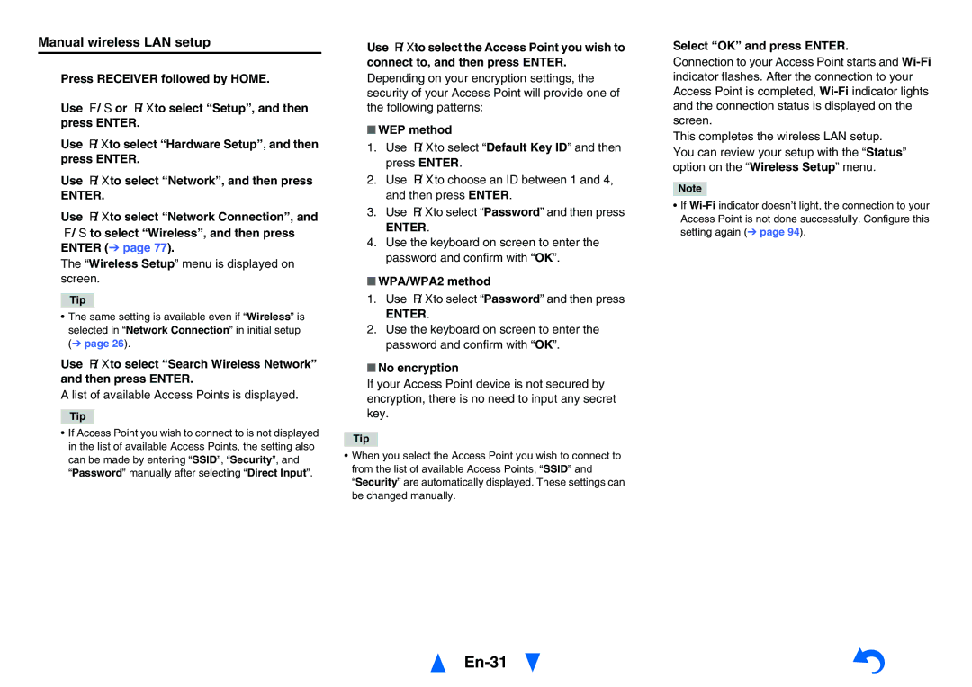 Onkyo TXNR828 instruction manual En-31, Manual wireless LAN setup 