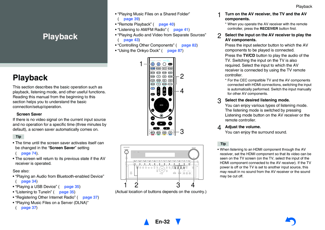 Onkyo TXNR828 instruction manual Playback, En-32 