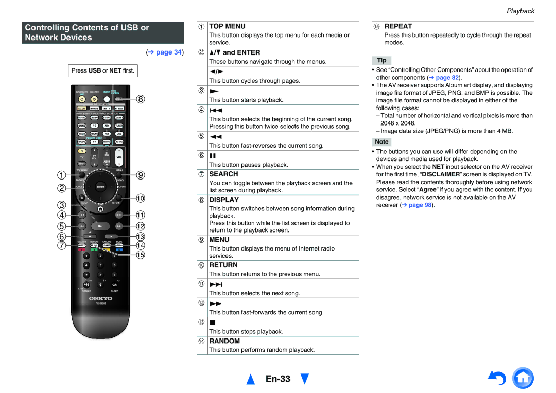 Onkyo TXNR828 instruction manual En-33, Controlling Contents of USB or Network Devices 