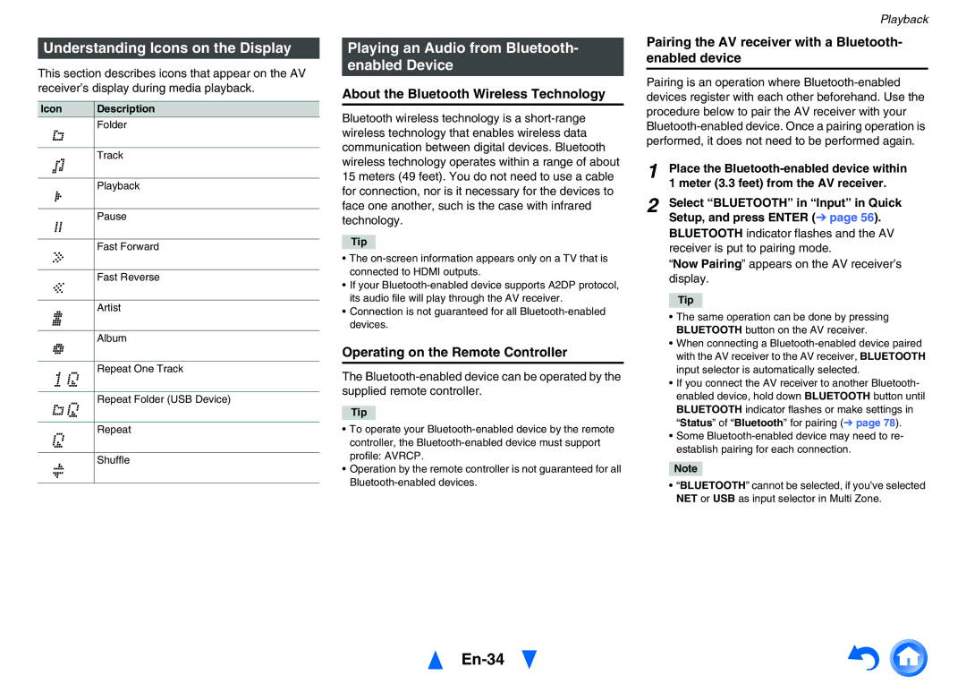 Onkyo TXNR828 instruction manual En-34, Understanding Icons on the Display, Playing an Audio from Bluetooth- enabled Device 