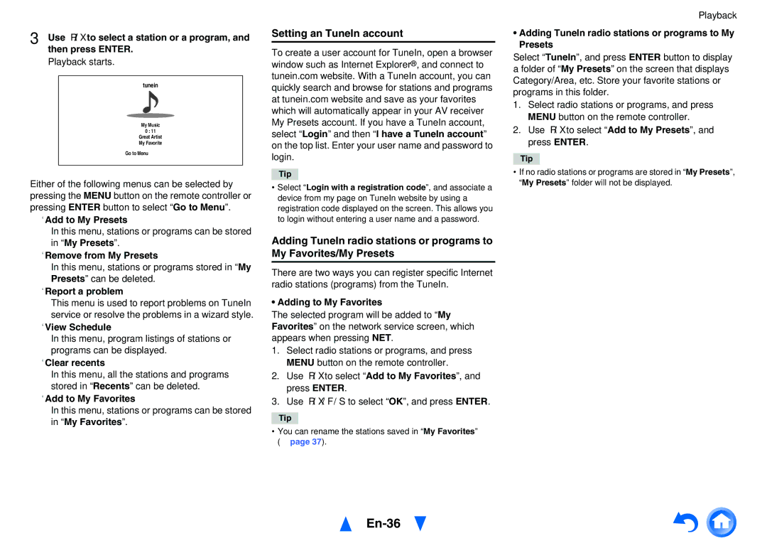 Onkyo TXNR828 instruction manual En-36, Setting an TuneIn account 