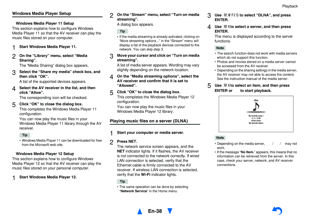 Onkyo TXNR828 instruction manual En-38, Windows Media Player Setup, Playing music files on a server Dlna 