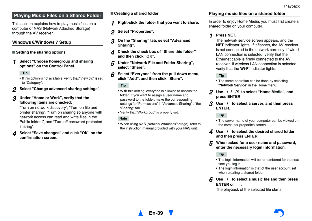 Onkyo TXNR828 instruction manual En-39, Playing Music Files on a Shared Folder, Windows 8/Windows 7 Setup 