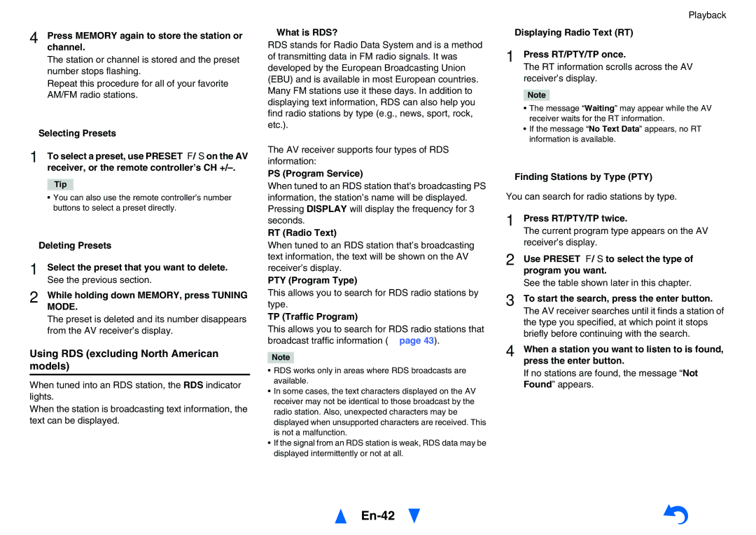 Onkyo TXNR828 instruction manual En-42, Using RDS excluding North American models, Mode 