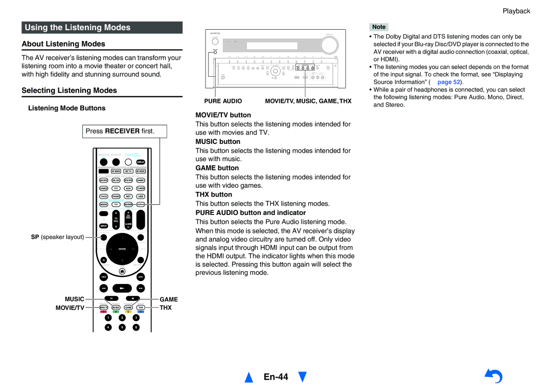 Onkyo TXNR828 instruction manual En-44, Using the Listening Modes, About Listening Modes, Selecting Listening Modes 