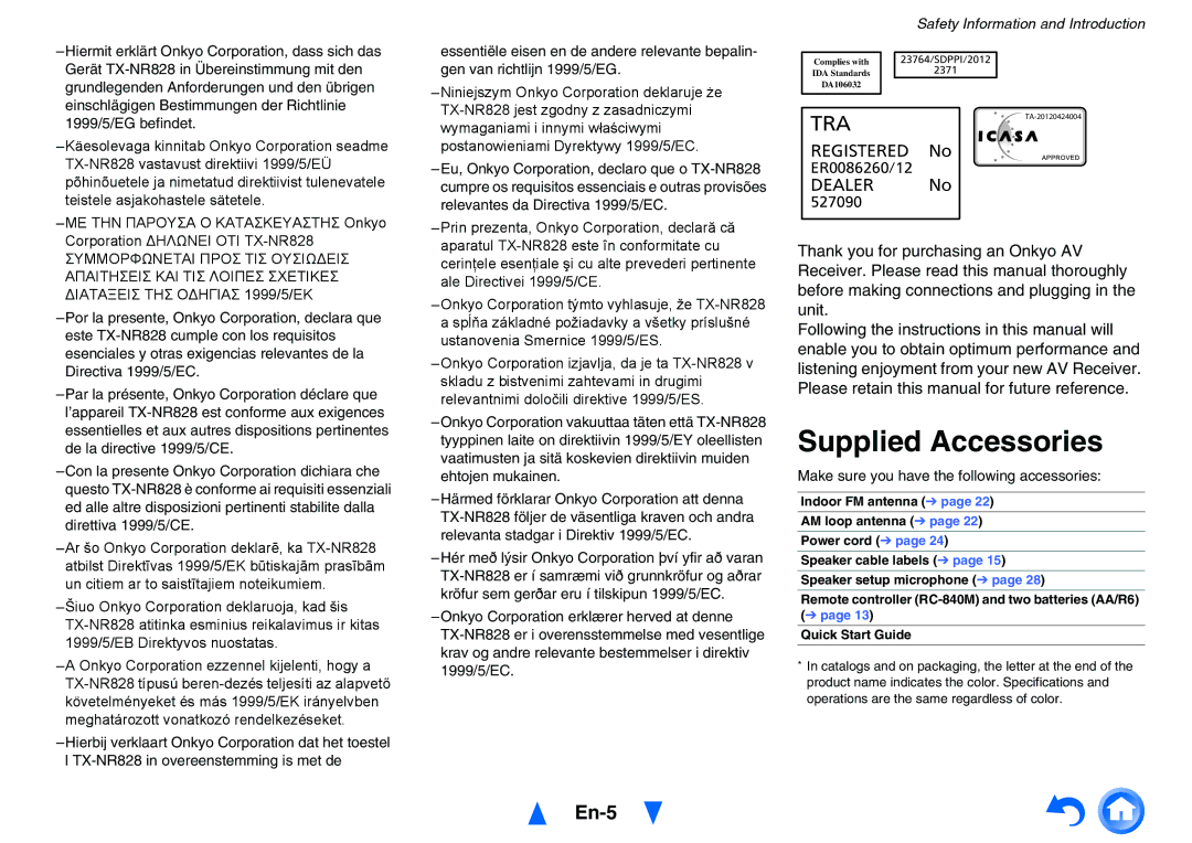 Onkyo TXNR828 instruction manual Supplied Accessories, En-5, Make sure you have the following accessories 