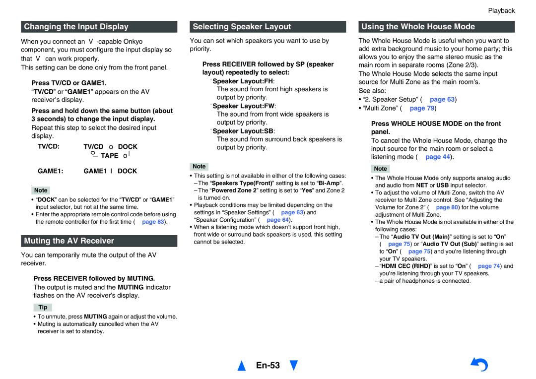 Onkyo TXNR828 instruction manual En-53, Changing the Input Display, Muting the AV Receiver, Selecting Speaker Layout 