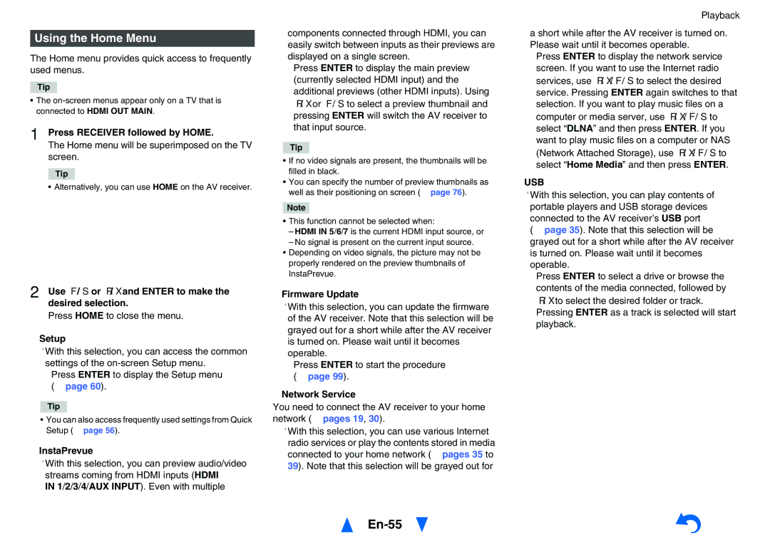 Onkyo TXNR828 instruction manual En-55, Using the Home Menu, Usb 