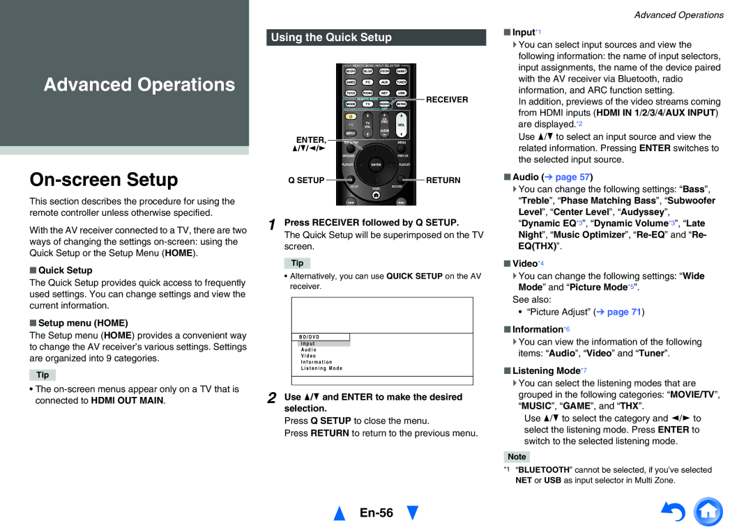 Onkyo TXNR828 instruction manual On-screen Setup, En-56, Using the Quick Setup 