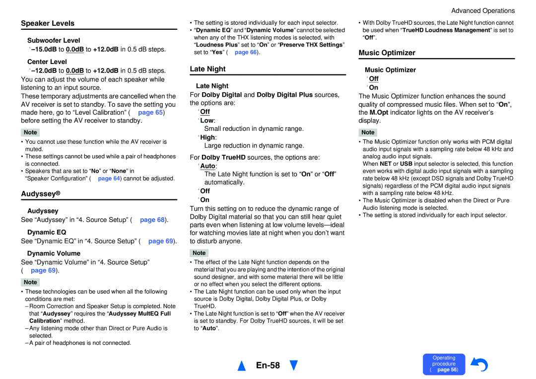 Onkyo TXNR828 instruction manual En-58, Speaker Levels, Audyssey, Late Night, Music Optimizer 