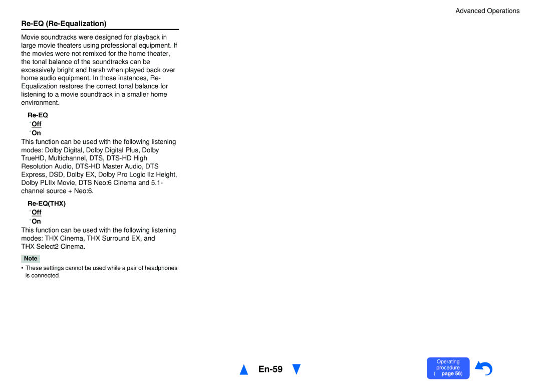 Onkyo TXNR828 instruction manual En-59, Re-EQ Re-Equalization, Re-EQ ` Off ` On, Re-EQTHX ` Off ` On, THX Select2 Cinema 