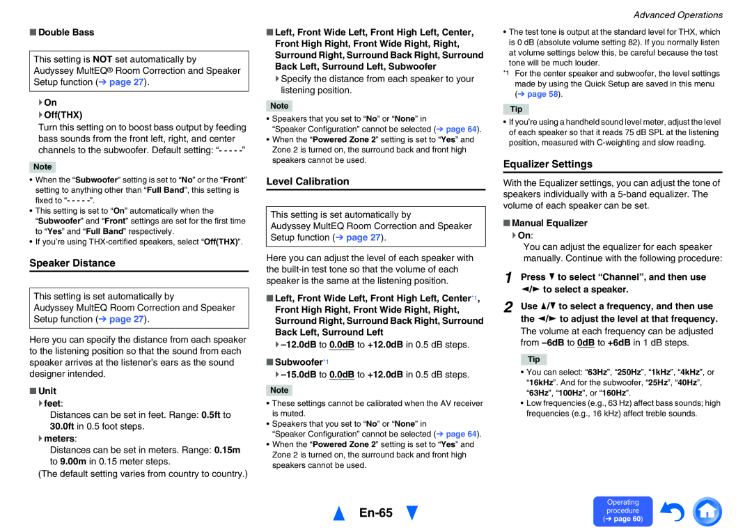 Onkyo TXNR828 instruction manual En-65, Speaker Distance, Level Calibration, Equalizer Settings 