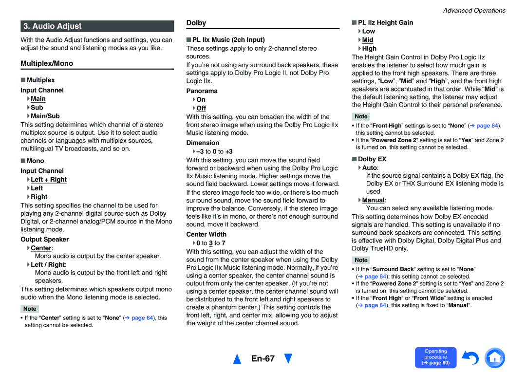 Onkyo TXNR828 instruction manual En-67, Audio Adjust, Multiplex/Mono, Dolby 