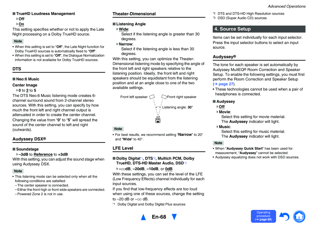 Onkyo TXNR828 instruction manual En-68, Source Setup, Audyssey DSX, Theater-Dimensional, LFE Level 