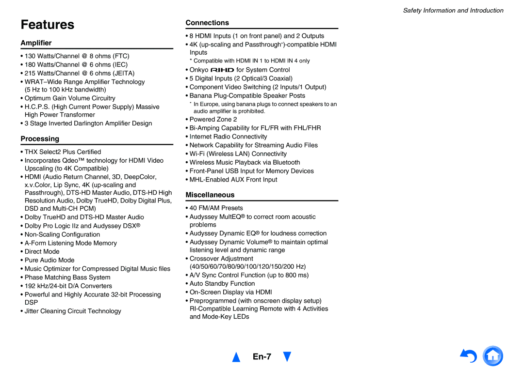 Onkyo TXNR828 instruction manual Features, En-7 