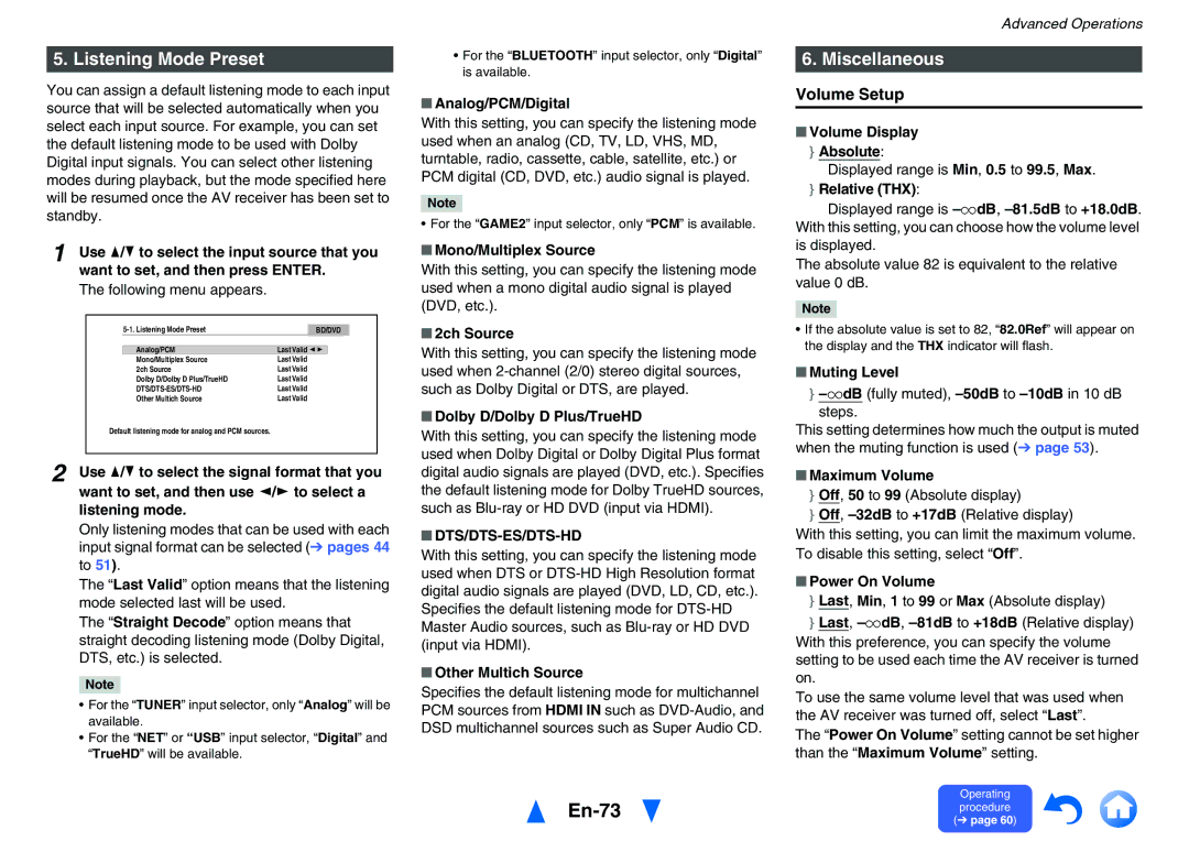 Onkyo TXNR828 instruction manual En-73, Listening Mode Preset, Miscellaneous, Volume Setup, Dts/Dts-Es/Dts-Hd 