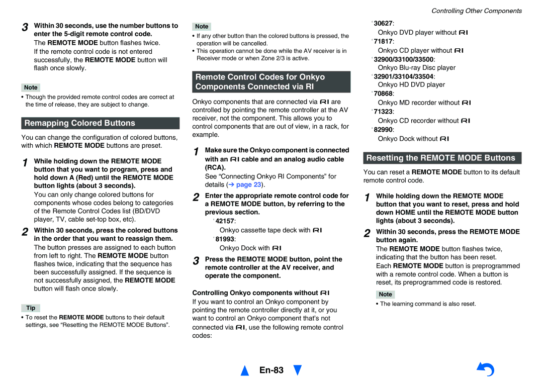 Onkyo TXNR828 En-83, Remapping Colored Buttons, Remote Control Codes for Onkyo Components Connected via RI 