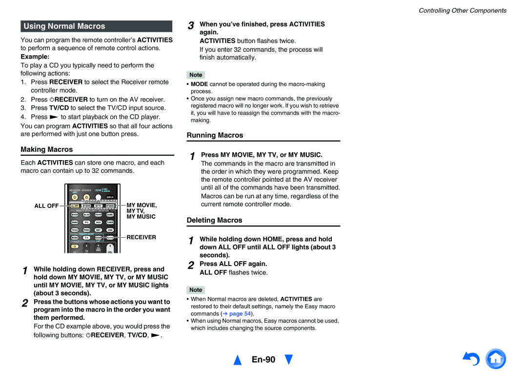 Onkyo TXNR828 instruction manual En-90, Using Normal Macros, Making Macros, Running Macros, Deleting Macros 