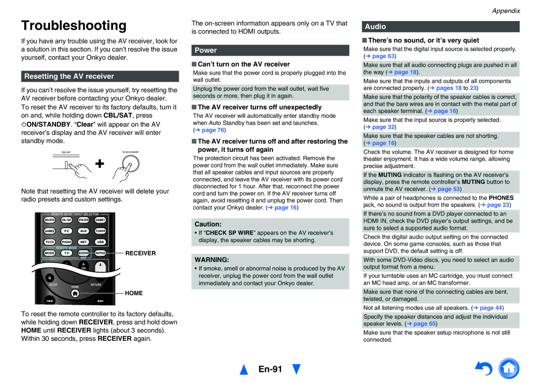 Onkyo TXNR828 instruction manual Troubleshooting, En-91, Resetting the AV receiver, Power, Audio 