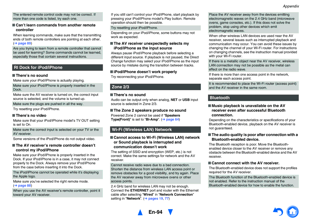 Onkyo TXNR828 instruction manual En-94, RI Dock for iPod/iPhone, Zone 2/3, Wi-Fi Wireless LAN Network, Bluetooth 